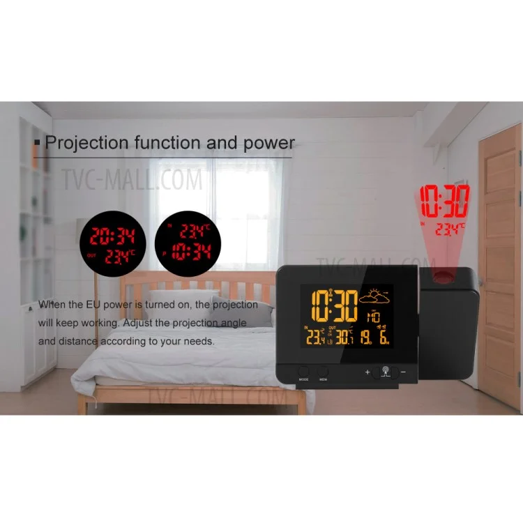 FJ3531B 8 Colors Screen Projection Weather Station Alarm Clock Indoor Outdoor Temperature Digital Clock With Snooze - EU Plug