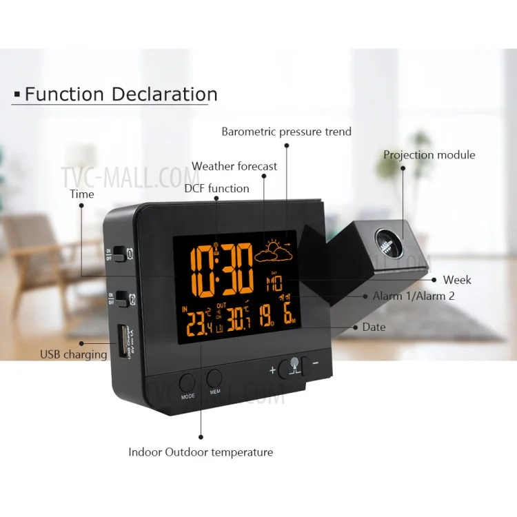 FJ3531B 8 Colors Screen Projection Weather Station Alarm Clock Indoor Outdoor Temperature Digital Clock With Snooze - EU Plug