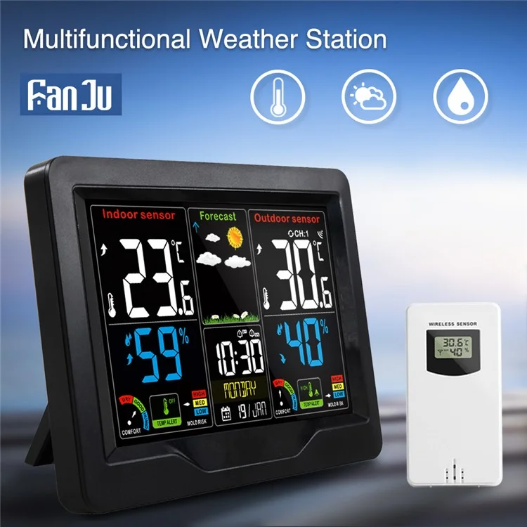 FJ3383C Indoor Comfort Monitor Weather Station Clock Wireless Sensor Alarm Clock with Temperature/Humidity