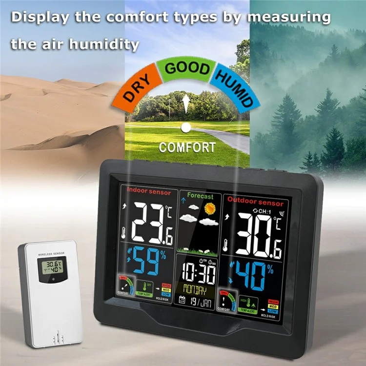 FJ3383C Indoor Comfort Monitor Weather Station Clock Wireless Sensor Alarm Clock with Temperature/Humidity