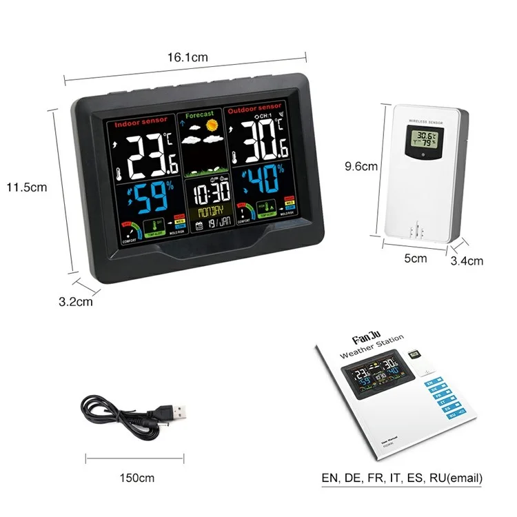 FJ3383C Confito Infido Monitoraggio Del Monitoraggio Meteo Orologio Wireless Sensore Wireless Alarring Clock Con Temperatura/umidità