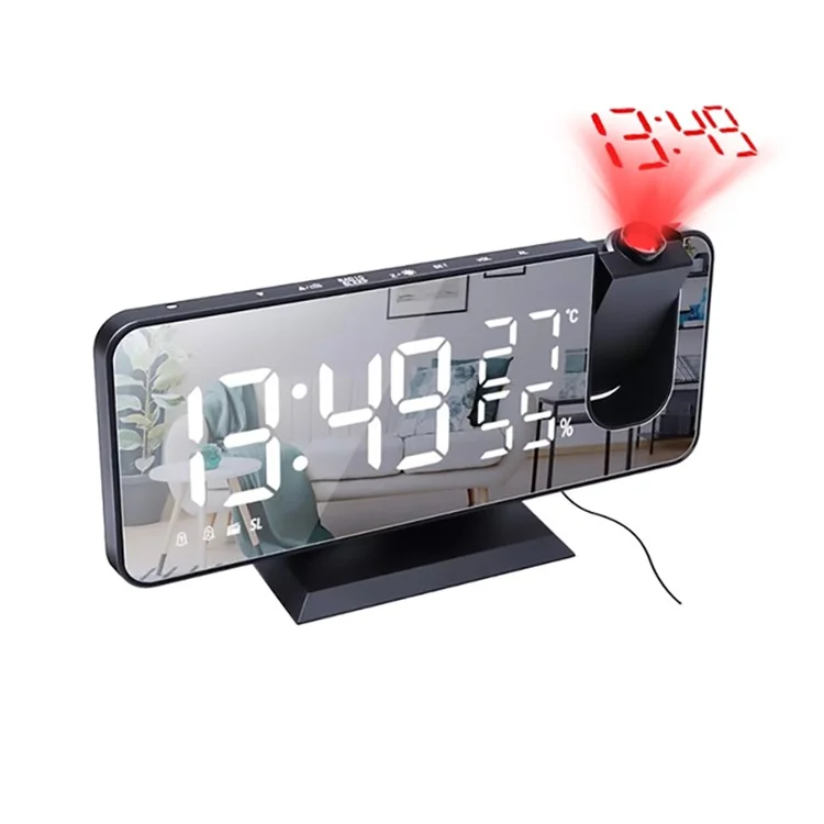 EN8827 Réveil Numérique avec Affichage LED, Radio FM et Projection - Écran Miroir avec Température et Humidité - Noir / Blanc