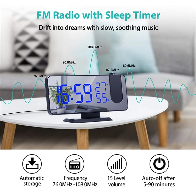 Relojes de Visualización de Espejo LED EN8827 FM Radio Proyección de Despertador Digital Con Pantalla de Humedad de Temperatura - Blanco Negro