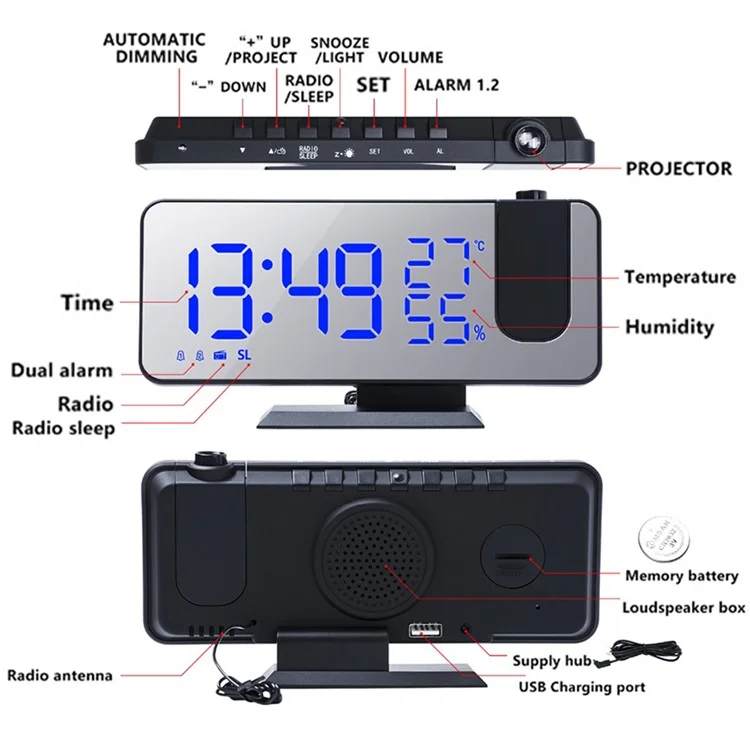 EN8827 Réveil Numérique avec Affichage LED, Radio FM et Projection - Écran Miroir avec Température et Humidité - Noir / Blanc