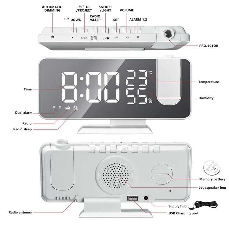 EN8827 Réveil Numérique avec Affichage LED, Radio FM et Projection - Écran Miroir avec Température et Humidité - Noir / Blanc