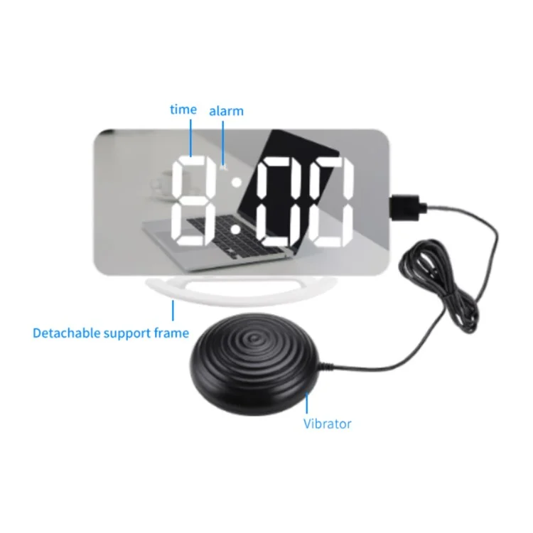 TS-8202 Reloj despertador digital con pantalla grande LED Reloj eléctrico de alarma Diseño de vibración Superficie espejo Modo de atenuación 3 niveles de brillo Recargable por USB Decoración moderna para el hogar, dormitorio, oficina