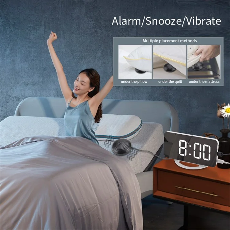 TS-8202 Reloj despertador digital con pantalla grande LED Reloj eléctrico de alarma Diseño de vibración Superficie espejo Modo de atenuación 3 niveles de brillo Recargable por USB Decoración moderna para el hogar, dormitorio, oficina
