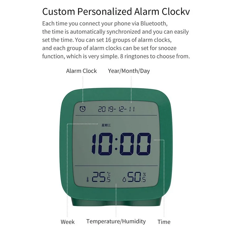 Xiaomi YouPin Qingping Bluetooth Temperatura Detección De Humedad Despertador Con Retroiluminación Ajustable - Verde