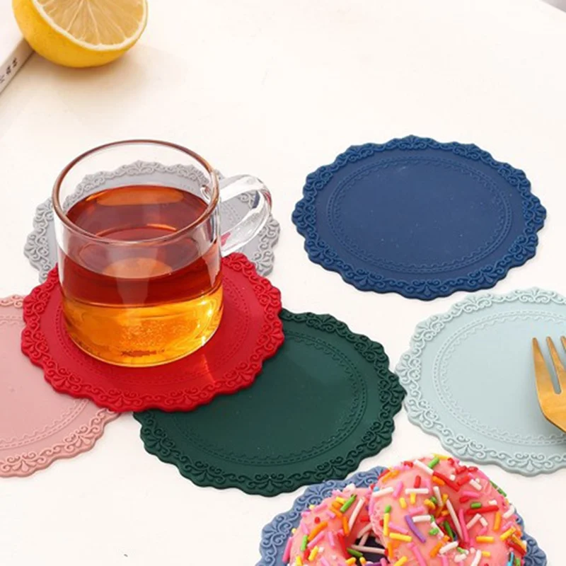 Silicone Coaster Non-Slip Drink Coasters Cup Mat Embossed Heat Resistant Coasters for Tabletop, Size: S / Diameter: 10cm - Mint Green / Style 1