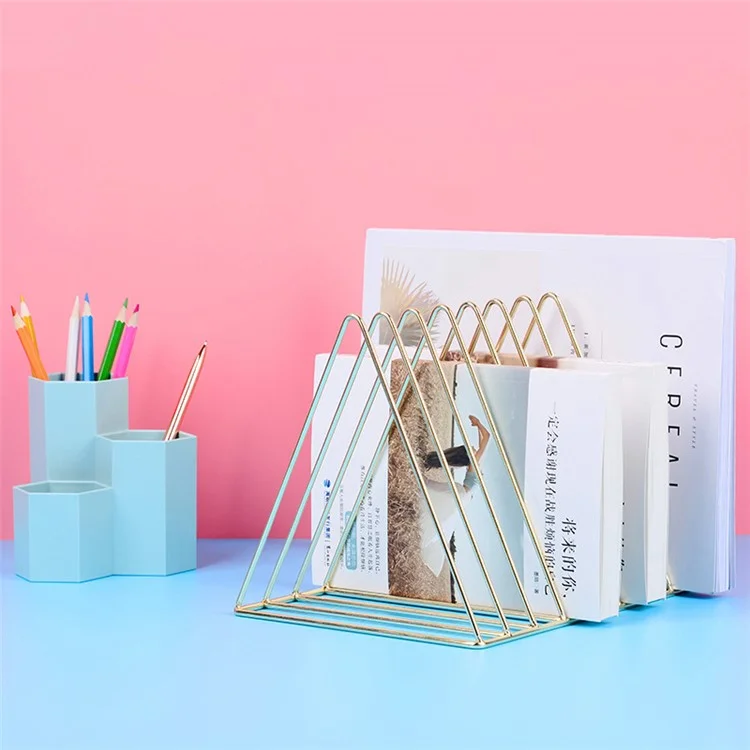 Triangle Bookshelf File Holder 9 Slots Iron Book Stand Holder Magazine Newspaper Holder for Office Home - Gold