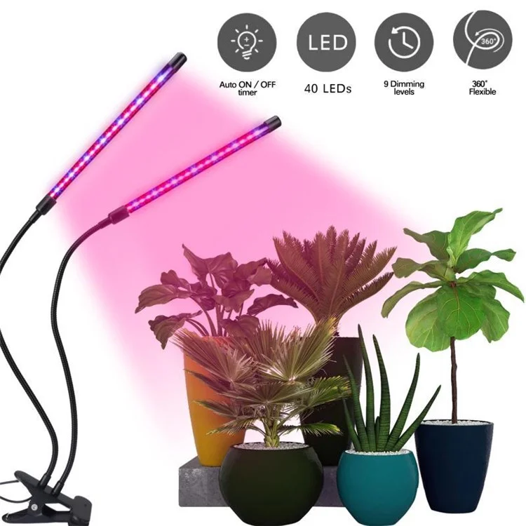Luzes de crescimento de cabeça dupla ZWD-2 com 40 LEDs, lâmpada de luz para plantas suculentas com 9 níveis de regulagem de brilho