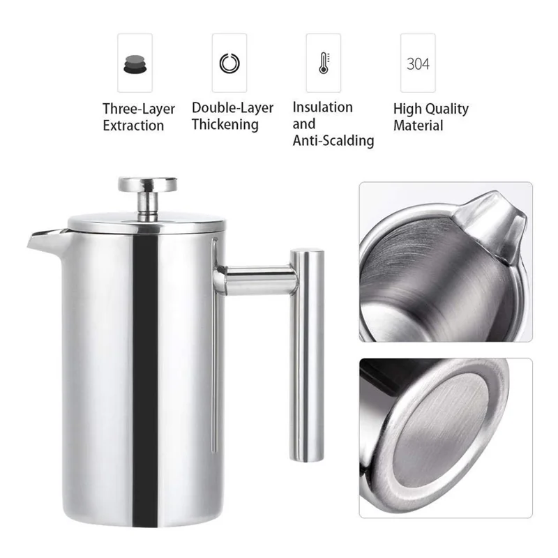 1000ml French Press Coffee Maker Stainless Steel Double Walled Insulated Coffee Pot (BPA Free, No FDA) - Steel Color