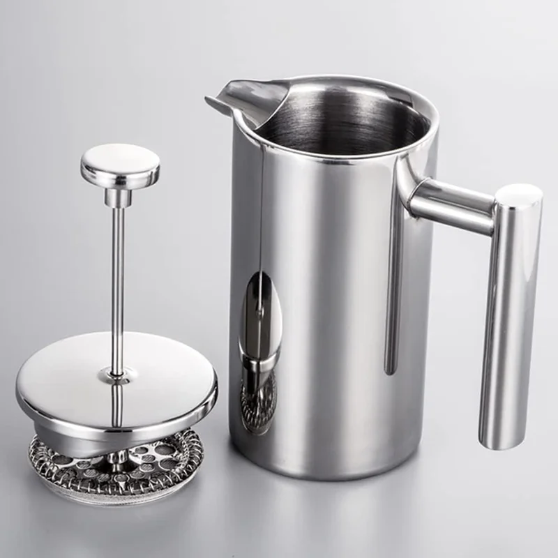 1000ml French Press Coffee Maker Stainless Steel Double Walled Insulated Coffee Pot (BPA Free, No FDA) - Steel Color