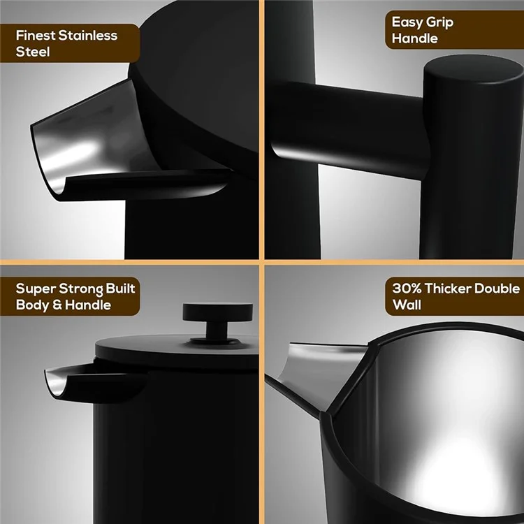 Cafetera de émbolo francés de 800 ml de acero inoxidable con doble pared aislada (sin BPA, sin FDA) - Negro