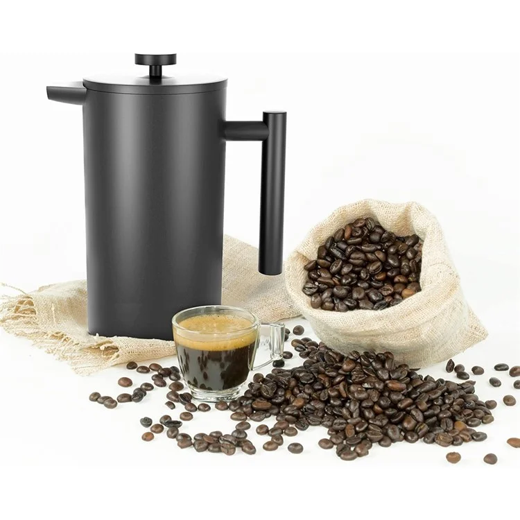 Cafetera de émbolo francés de 800 ml de acero inoxidable con doble pared aislada (sin BPA, sin FDA) - Negro
