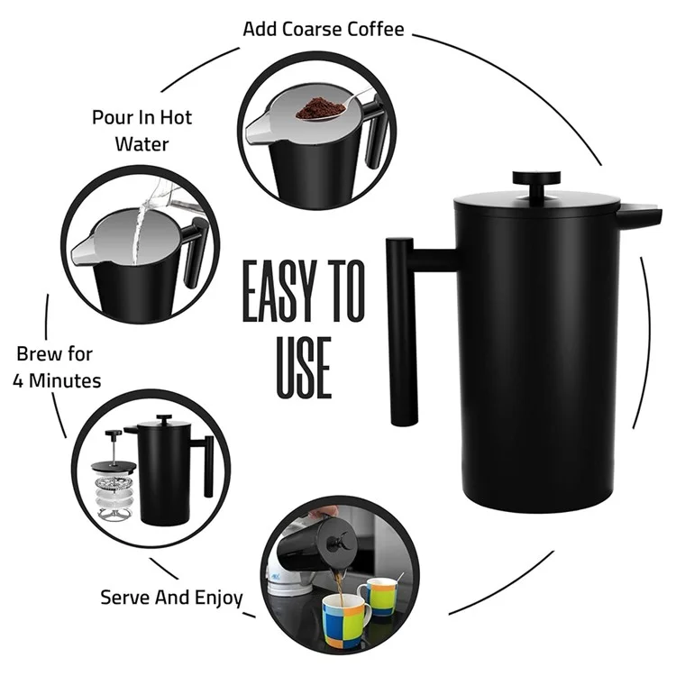 Cafetera de émbolo francés de 800 ml de acero inoxidable con doble pared aislada (sin BPA, sin FDA) - Negro