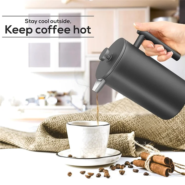 Cafetera de émbolo francés de 800 ml de acero inoxidable con doble pared aislada (sin BPA, sin FDA) - Negro