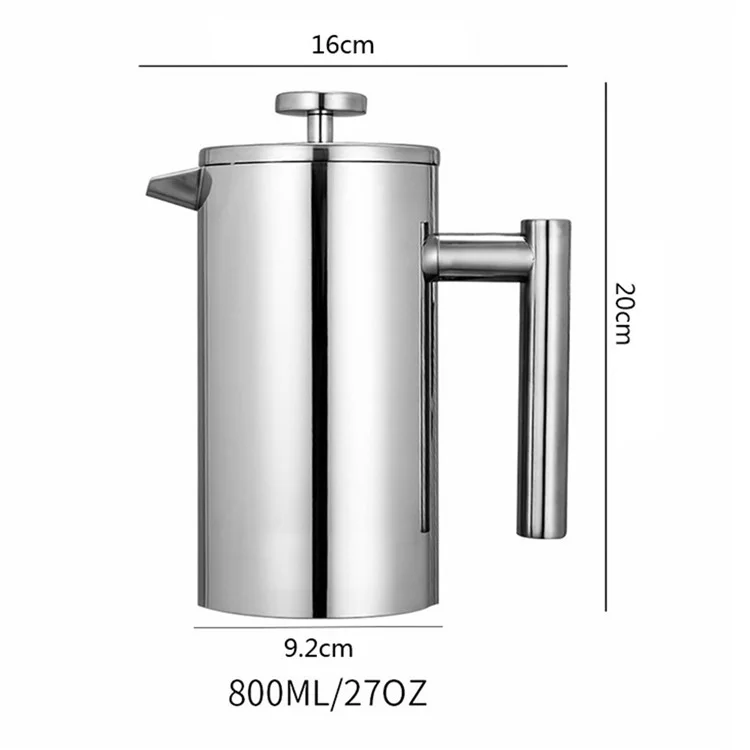Cafeteira Francesa de Aço Inoxidável com Parede Dupla Isolada de 800 ml (Livre de BPA, Sem FDA) - Cor de Aço