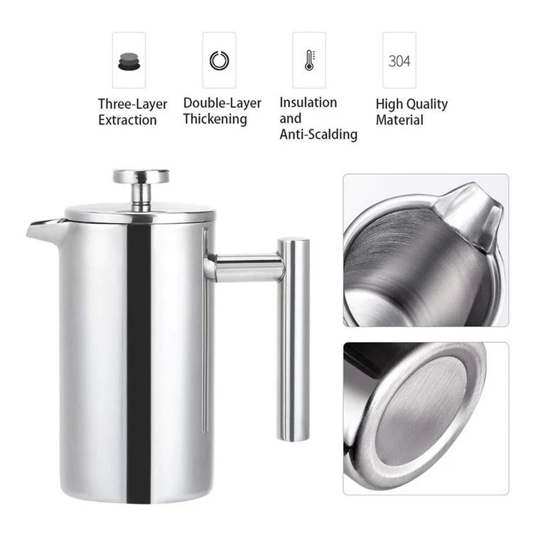 Cafeteira Francesa de Aço Inoxidável com Parede Dupla Isolada de 800 ml (Livre de BPA, Sem FDA) - Cor de Aço