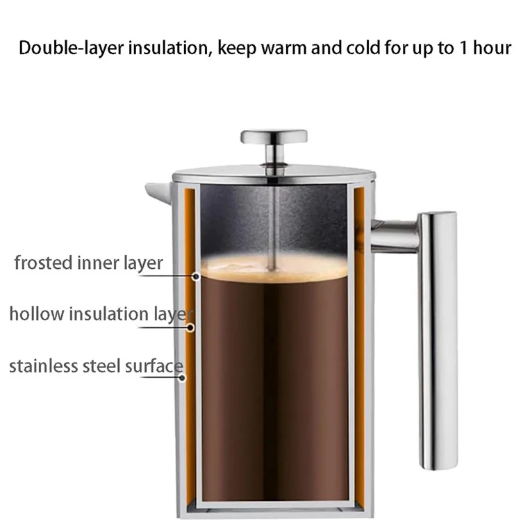 Cafeteira Francesa de Aço Inoxidável com Parede Dupla Isolada de 800 ml (Livre de BPA, Sem FDA) - Cor de Aço