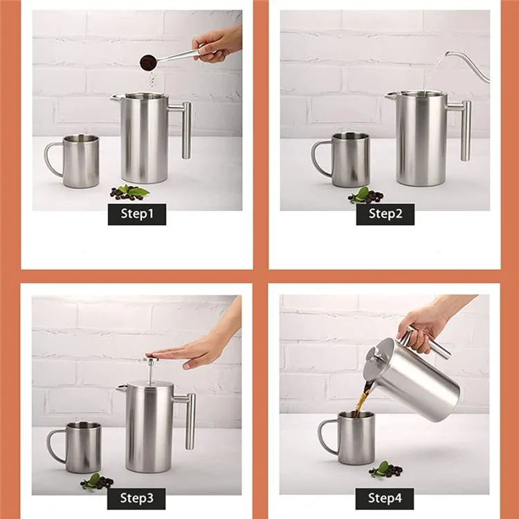 Cafeteira Francesa de Aço Inoxidável com Parede Dupla Isolada de 800 ml (Livre de BPA, Sem FDA) - Cor de Aço