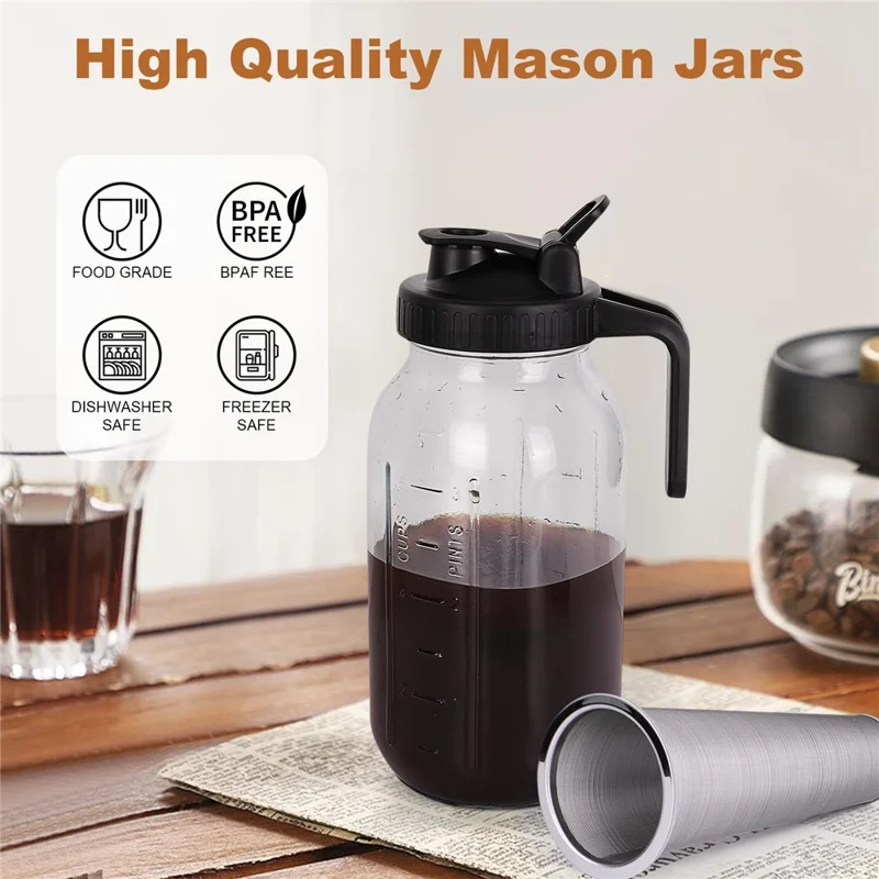64oz Cold Brew Coffee Maker Soda-Lime Glass Wide Mouth Mason Jar with Filter (BPA Free, No FDA)