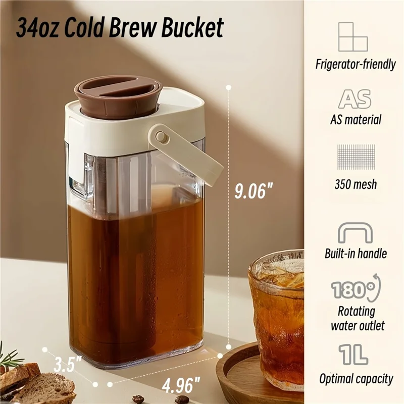 1000ml Large Capacity Cold Brew Coffee Pot with Detachable Tea Infuser Plastic Cold Water Kettle (No FDA, BPA Free)