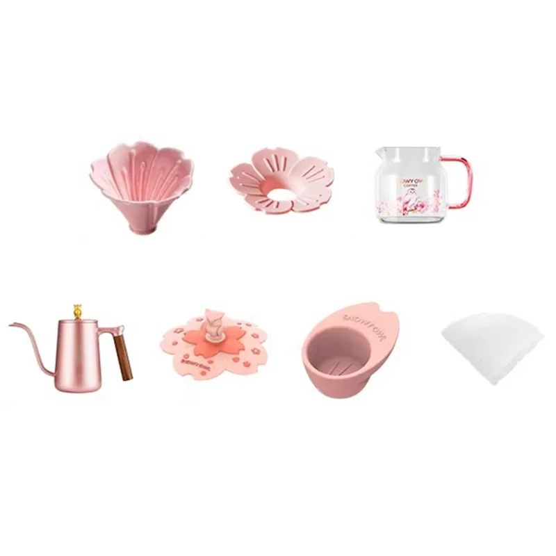 Conjunto de Café Pour Over SNOWY OWL 7 Peças com Moedor Manual, Dripper, Chaleira e Kit de Preparação Manual (Livre de BPA, Sem FDA) - Rosa