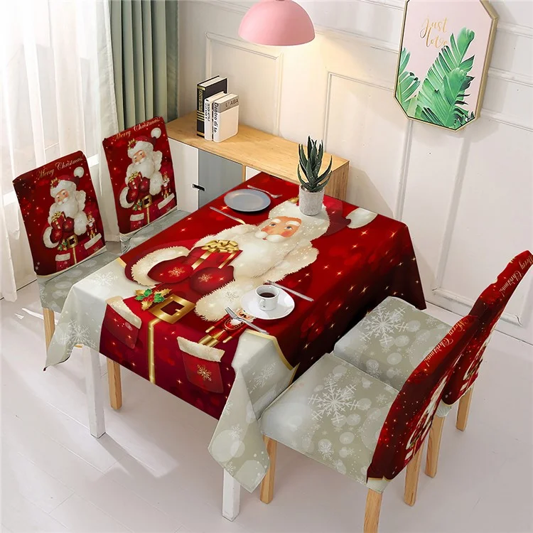 140x140cm Christmas Santa Claus Bell Printed Stain-resistant Tablecloth with 4 Chair Covers Kitchen Table Decoration - Santa Claus