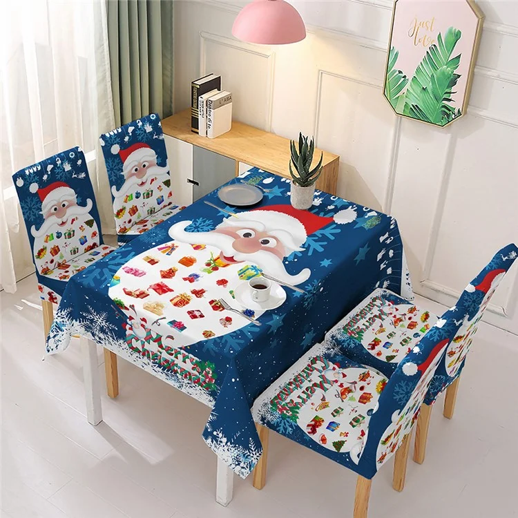 140x140cm Xmas Party Tablecloth Dining Table Cover with 4 Chair Covers Christmas Festival Decoration - Blue Santa