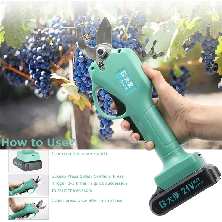 Dago 21V de Poda Elétrica Tesouras de Gardinagem Sem Fio Fruta Recarregável Frutas de Fruta Arbustos Arbustos de Arbustos (bateria de 1pc) - Plugue do Reino Unido