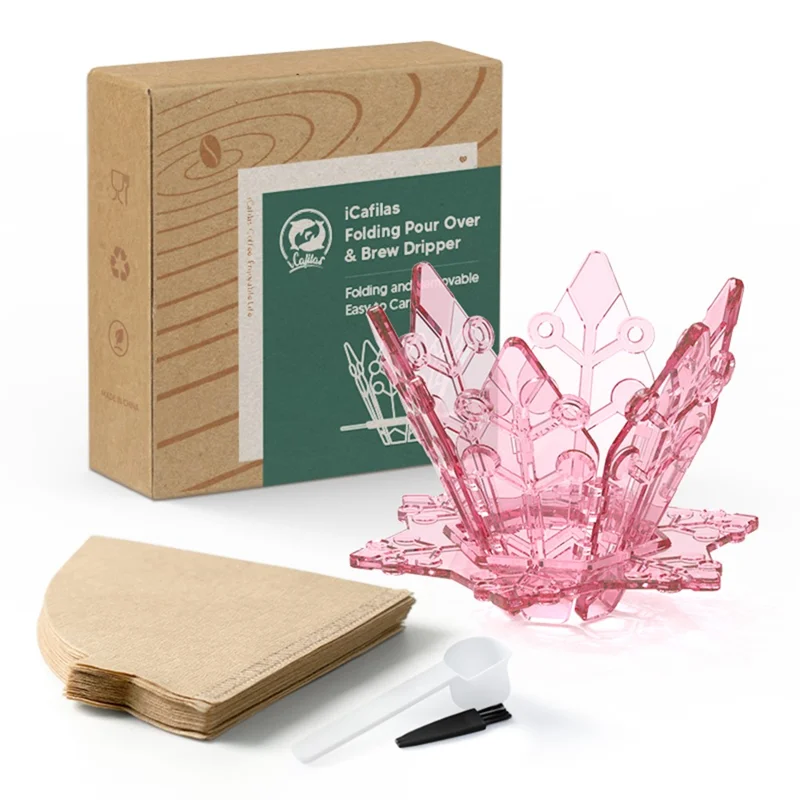 ICAFILAS PA2306 Folding Pour Over & Brew Dripper Set with 40Pcs Filter Paper Tea Coffee Folding Filter Cup (No FDA, BPA-Free) - Pink