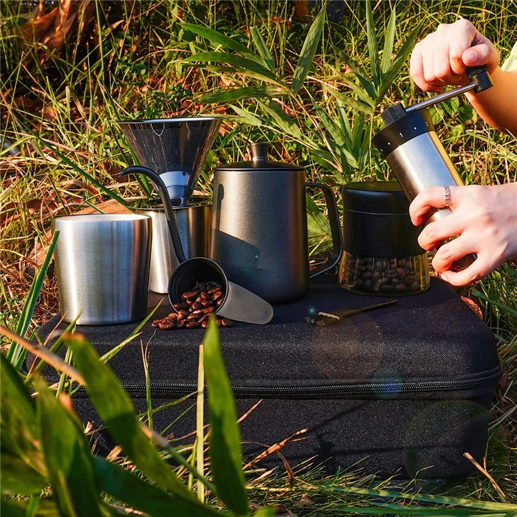 C0039 8Pcs Drip-over Coffee Machine Outdoor Camping Coffee Kettle Manual Grinder Set (BPA Free, No FDA)