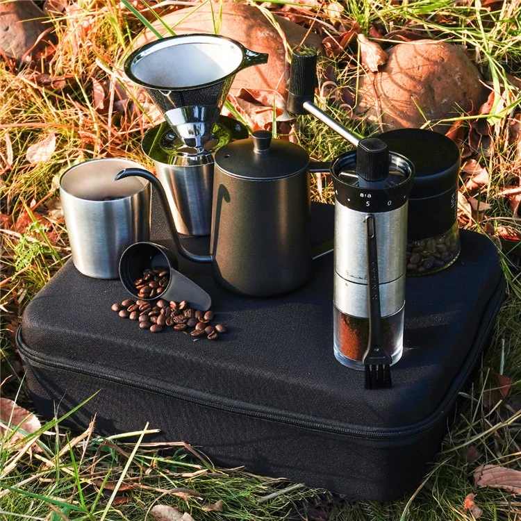 C0039 8Pcs Drip-over Coffee Machine Outdoor Camping Coffee Kettle Manual Grinder Set (BPA Free, No FDA)