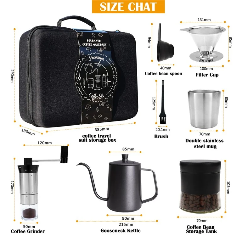 C0039 8Pcs Drip-over Coffee Machine Outdoor Camping Coffee Kettle Manual Grinder Set (BPA Free, No FDA)