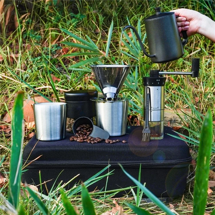 C0039 8Pcs Drip-over Coffee Machine Outdoor Camping Coffee Kettle Manual Grinder Set (BPA Free, No FDA)