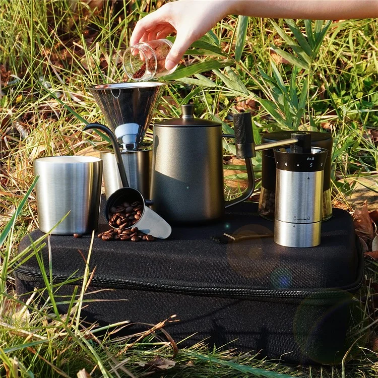 C0039 8Pcs Drip-over Coffee Machine Outdoor Camping Coffee Kettle Manual Grinder Set (BPA Free, No FDA)
