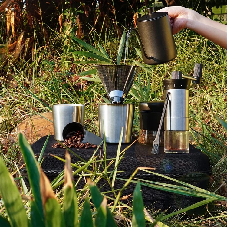 C0039 8Pcs Drip-over Coffee Machine Outdoor Camping Coffee Kettle Manual Grinder Set (BPA Free, No FDA)