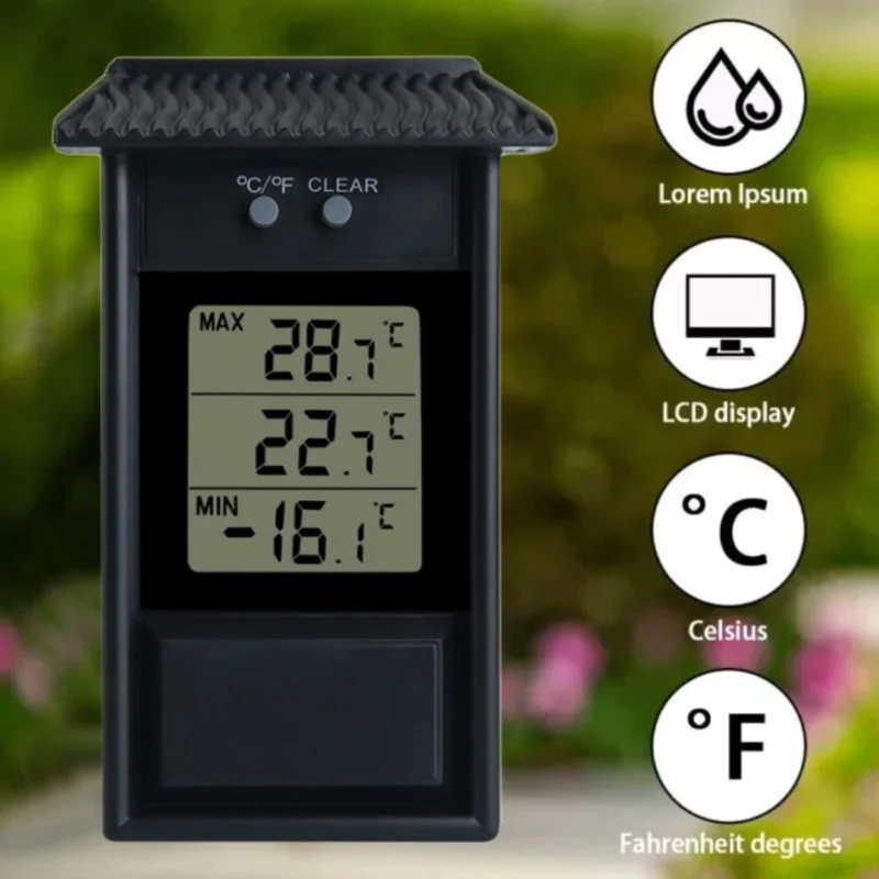 LCD Screen Outdoor Electronic Thermometer Waterproof Temperature Meter - Black