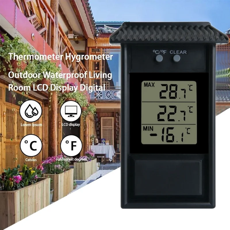 LCD Screen Outdoor Electronic Thermometer Waterproof Temperature Meter - Black