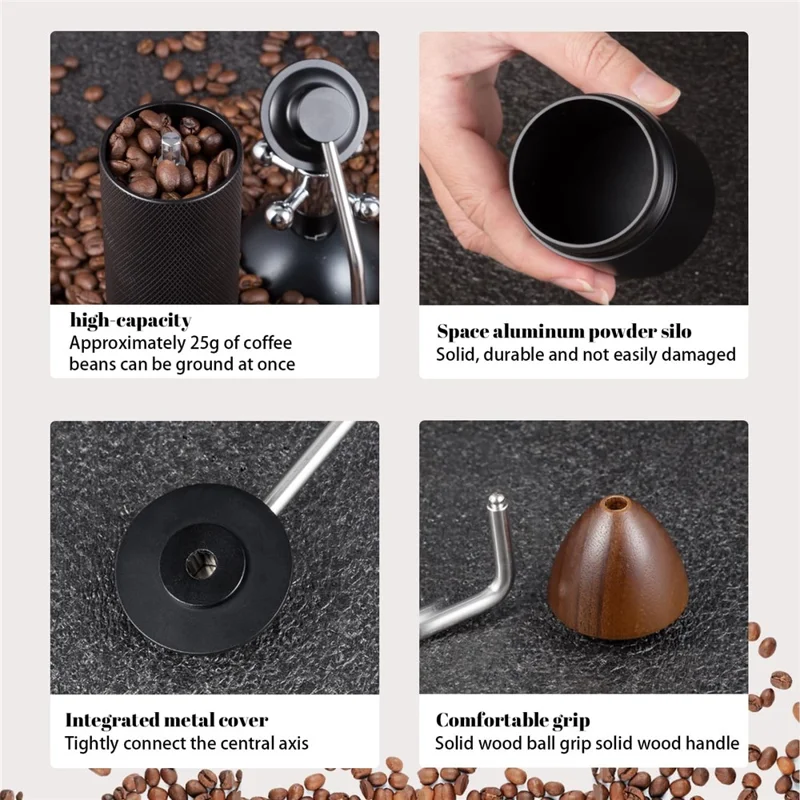Manual Coffee Grinder 6 Blade Hand Crank Mill For Coffee Beans Adjustable Coarseness Stainless Steel Burr - Black