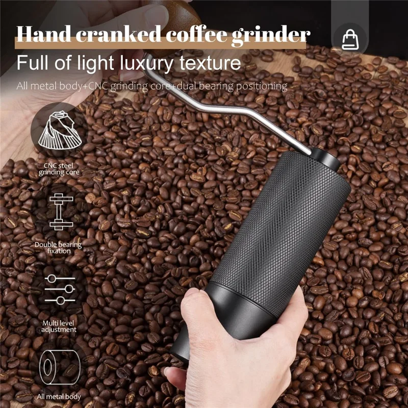 Manual Coffee Grinder 6 Blade Hand Crank Mill For Coffee Beans Adjustable Coarseness Stainless Steel Burr - Black