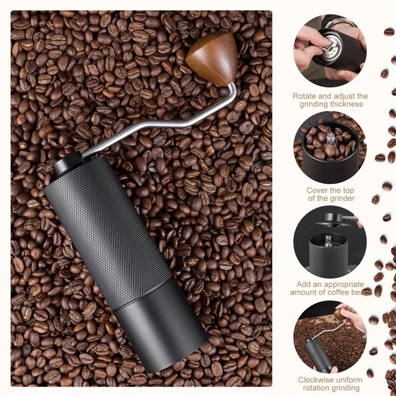 Manual Coffee Grinder 6 Blade Hand Crank Mill For Coffee Beans Adjustable Coarseness Stainless Steel Burr - Black
