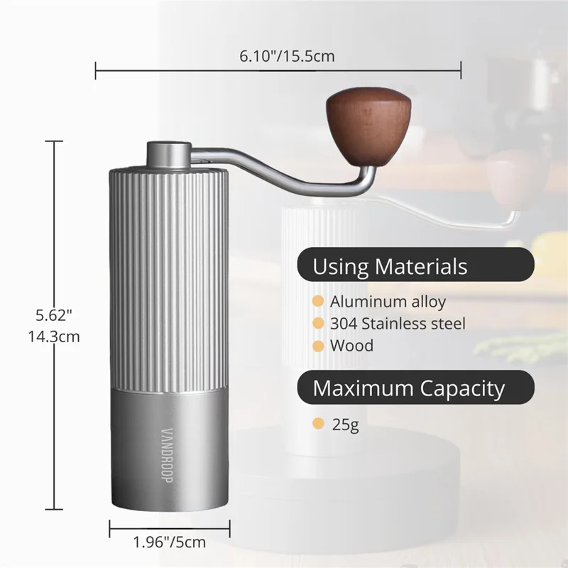 Manual Coffee Grinder Coarse Vertical Groove 7 Blade Hand Crank Mill For Coffee Beans Adjustable Coarseness - Silver