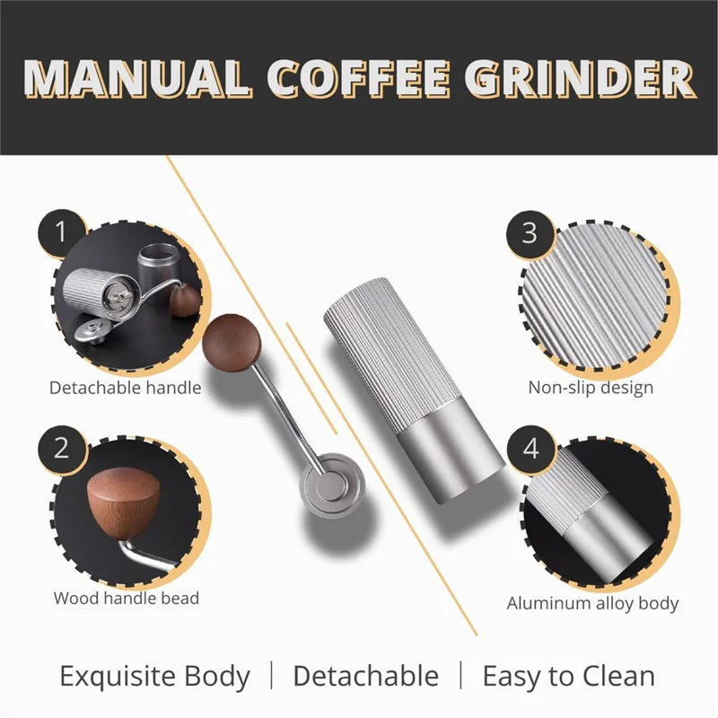 Manual Coffee Grinder Coarse Vertical Groove 7 Blade Hand Crank Mill For Coffee Beans Adjustable Coarseness - Silver