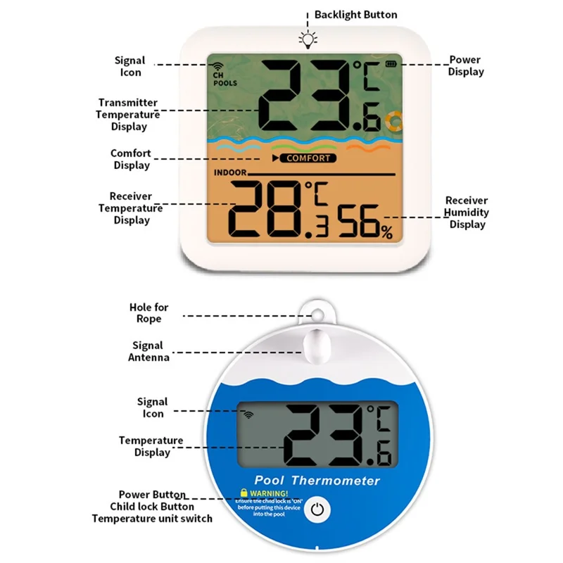 TS-PL07 Trådløs pooltermometer IP68 vandtæt med indendørs modtager, flydende digitalt vandtemperaturmåler til swimmingpool og spa