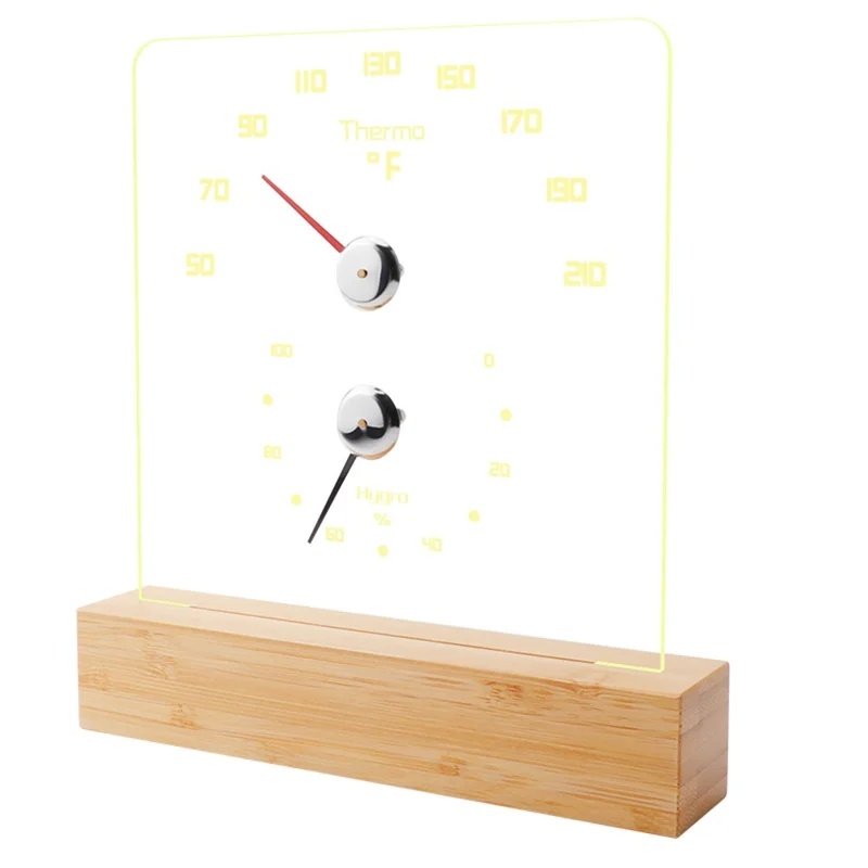 TS-JX810 Sauna Termo Hygrometer LED Baggrundsbelysning Fahrenheit Termometer Hygrometer med Bambus Base - Træfarve
