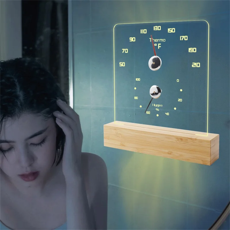 TS-JX810 Sauna Termo Hygrometer LED Baggrundsbelysning Fahrenheit Termometer Hygrometer med Bambus Base - Træfarve
