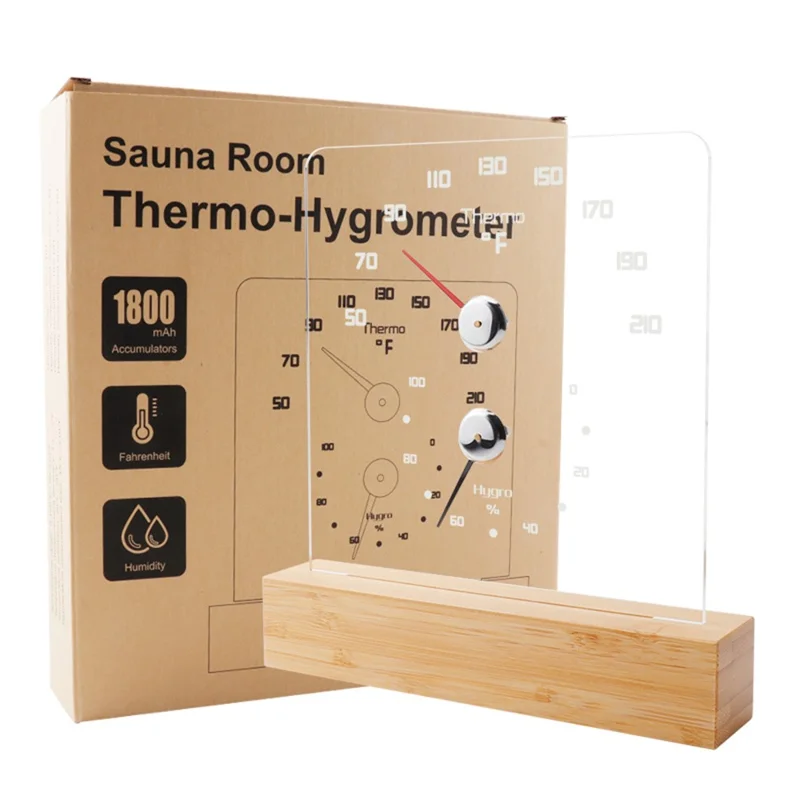 TS-JX810 Sauna Termo Hygrometer LED Baggrundsbelysning Fahrenheit Termometer Hygrometer med Bambus Base - Træfarve