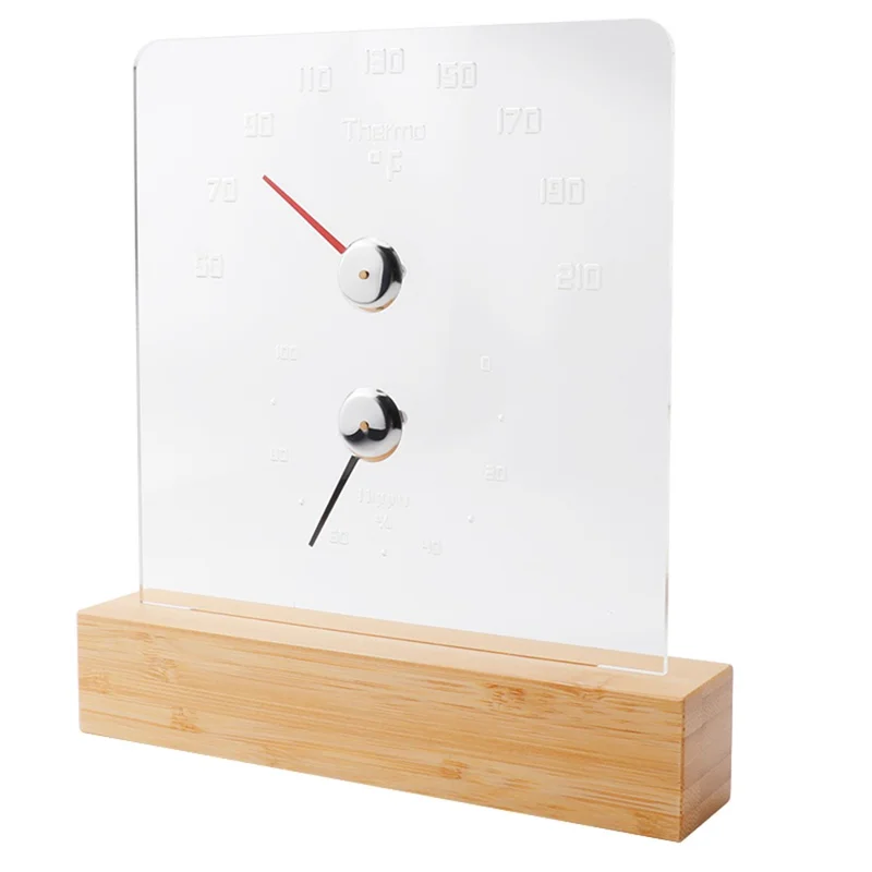 TS-JX810 Sauna Termo Hygrometer LED Baggrundsbelysning Fahrenheit Termometer Hygrometer med Bambus Base - Træfarve